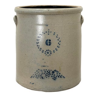 Unusual Large 6 Gallon Antique American Blue Decorated Stoneware Storage Crock With American Eagle For Sale