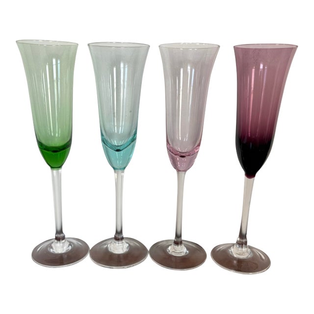 Vintage Hand-Blown Art Glass Champagne Flutes – Set of 4– Jewel Tone Stemware – Green Aqua Pink Amethyst For Sale
