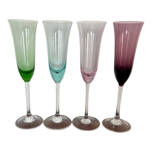 Vintage Hand-Blown Art Glass Champagne Flutes – Set of 4– Jewel Tone Stemware – Green Aqua Pink Amethyst