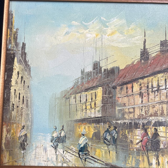 1950’s impressionist European street scene painting on canvas. Signed and framed. Measures 16x12/ 21.5x17.5 framed. Check...