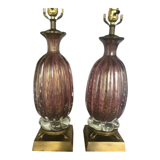 Murano Seguso Blown Glass Amethyst & Gold Lamps For Sale