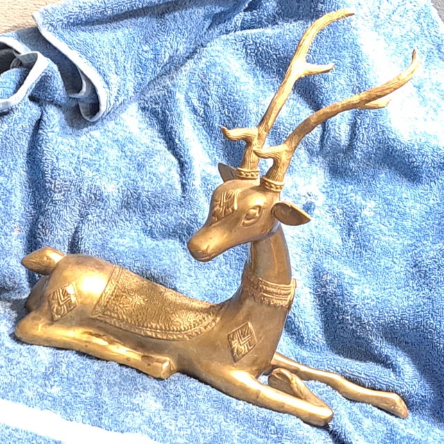 Hollywood Regency 2 Brass Ornate Large Deer Statues Figurines For Sale - Image 10 of 12