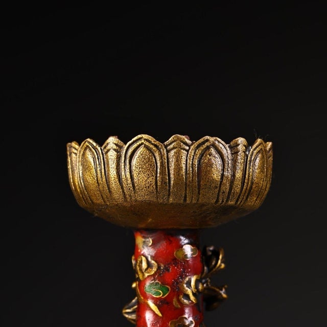 Chinoiserie Pair Vintage Gilt Brass Cloisonné Dragon Phoenix Candlesticks, Lotus Top Candle Holders For Sale - Image 3 of 10
