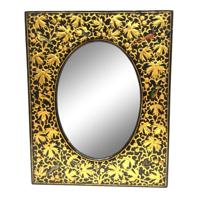 Antique Kashmir Gold Vermilion Hand Painted Over Black Lacquer Mirror For Sale