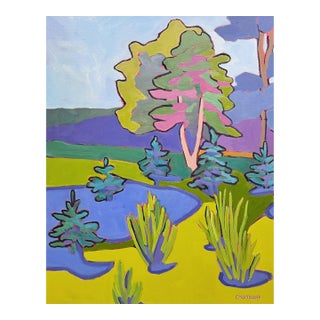 Pine Tree Mirage Stylized Landscape Oil Painting, Contemporary Plein Air For Sale
