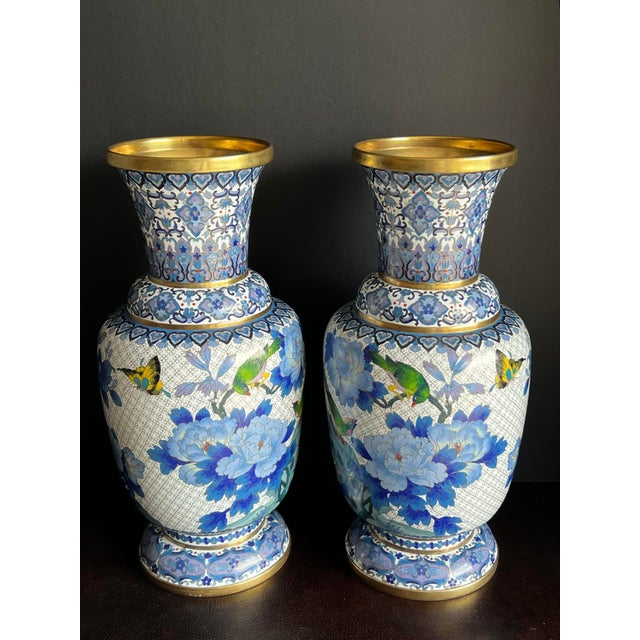 Rare Pair of Large Chinese Ming Style Blue and White Cloisonné Vases For Sale - Image 9 of 12