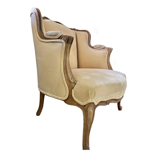 Vintage French Louis XV Style Wingback Bergère Chair — Carved Wood Frame, Hand-Tied Springs For Sale