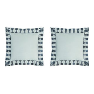 Tassel Embroidered Linen Pillow, Sky Blue & Navy, 24 "x 24", Pair For Sale