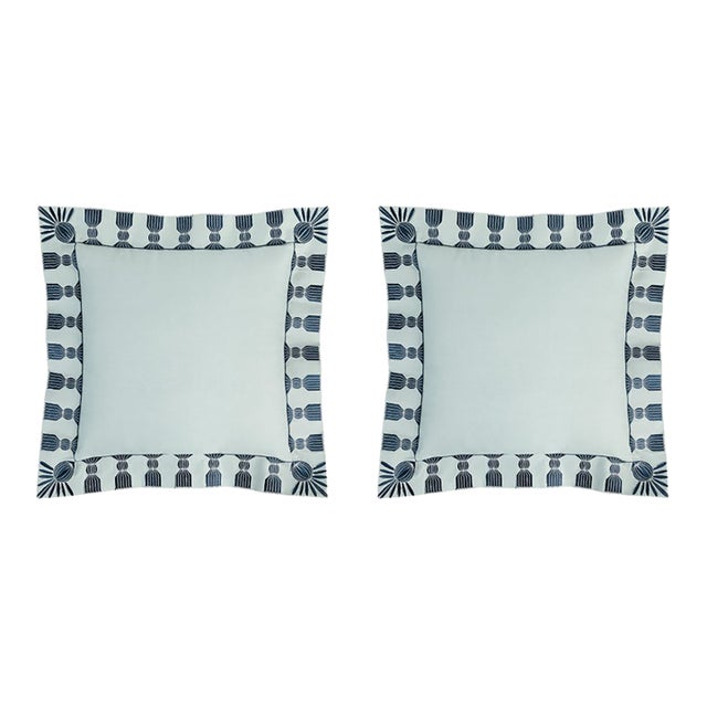Tassel Embroidered Linen Pillow, Sky Blue & Navy, 24 "x 24", Pair For Sale