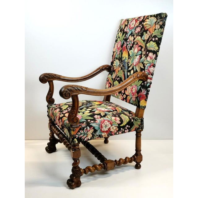 Antique Louis XIII and Renaissance Walnut Armchairs with Parrot Upholstery, 1890s, Set of 2 For Sale - Image 15 of 18