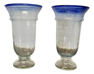 Large Vintage Seeded Bubble Art Glass Vases with Sapphire Blue Rim, 1960s, Set of 2