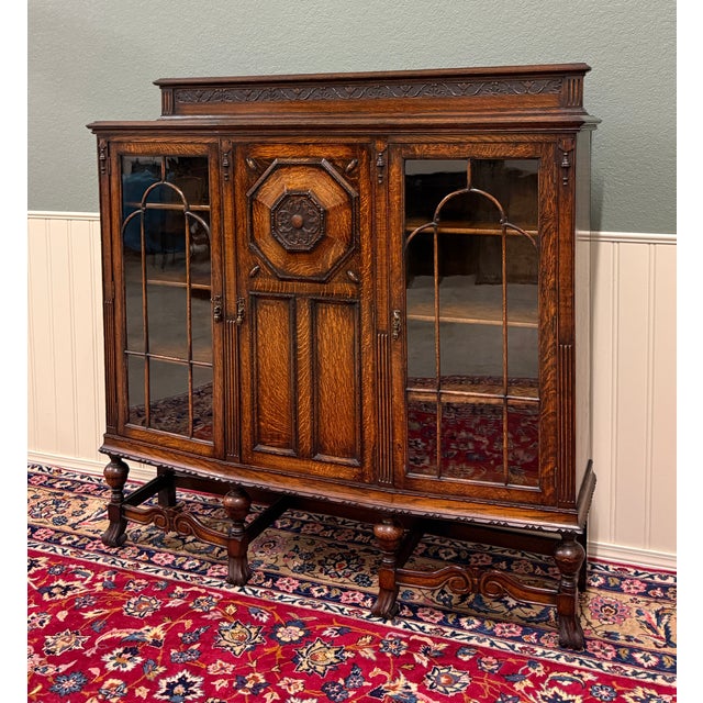 Antique English Jacobean Bookcase Bow Front Cabinet Triple Door Oak C1930s For Sale - Image 17 of 18