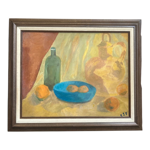 1960’s Original Rustic Fruit Bowl & Pitcher Still Life Painting For Sale