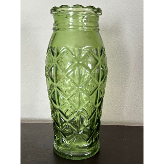 1960s Vintage 1960s Century Small Avocado Green Pressed Glass Vase For Sale - Image 5 of 12