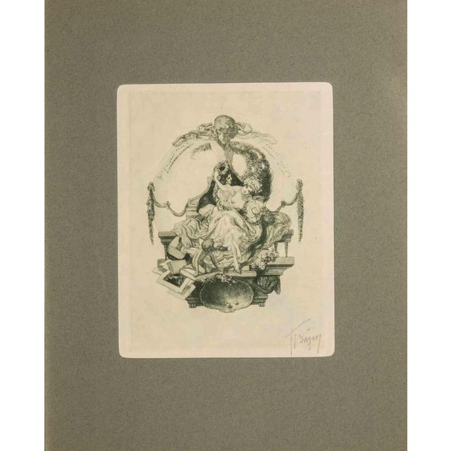 Héliogravure on japanese paper realized by Fraz von Bayros in 1913 for Ex Libris Verlag K. Th. Senger, Munich. Mounted on...