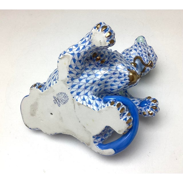 1980s Herend Porcelain Lion Cubs Playing Figurine Blue Fishnet For Sale - Image 5 of 6