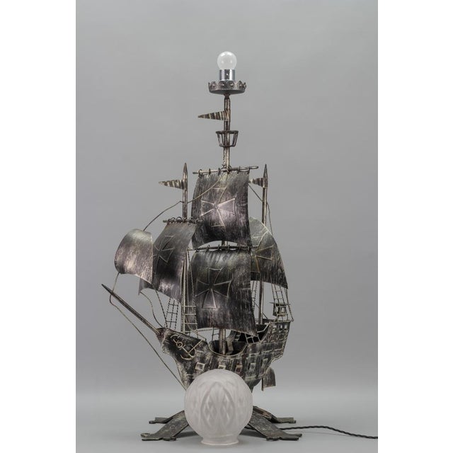 Spanish Wrought Iron and Glass Galleon Sailing Ship Shaped Floor Lamp, 1950s For Sale - Image 18 of 18