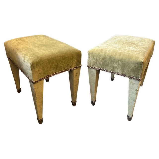 Mid-Century French Green Velvet and Brass Ottomans, 1950, Set of 2 For Sale - Image 10 of 10