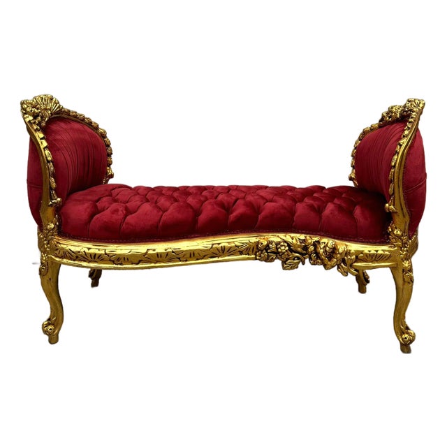 Marquis French Style Tufted Bench Red Velvet For Sale