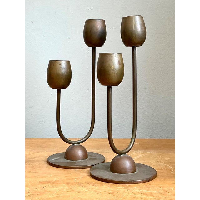 Vintage Brass Modernist Candlesticks - A Pair For Sale - Image 4 of 15
