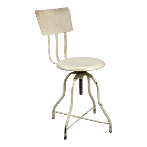 Antique 1920s Industrial Adjustable Off-White Enameled Steel Operating Room Medical Metal Stool Chair With Contoured Back