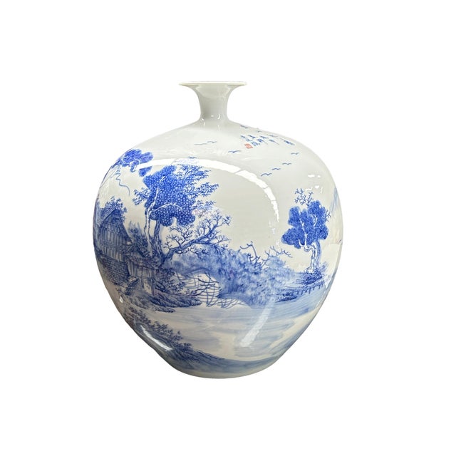 Chinese Chinese Blue White Handpaint Mountain Tree Scenery Porcelain Vase For Sale - Image 3 of 10