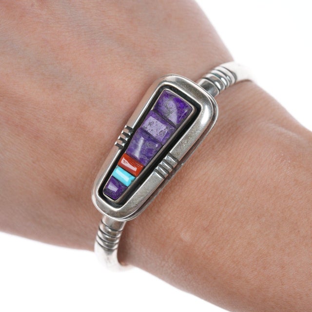Contemporary 6 1/8" Leroy Begay Navajo sterling Multi-cobblestone bracelet For Sale - Image 3 of 11
