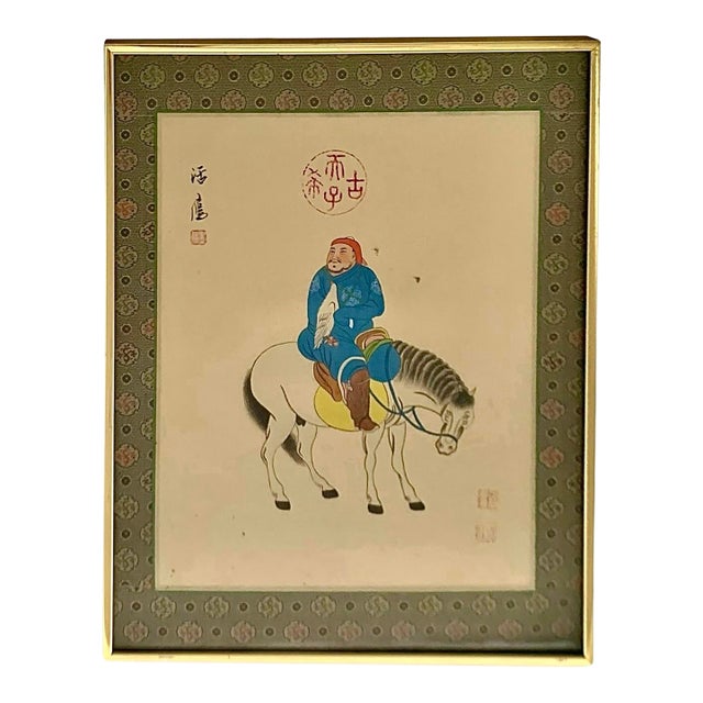 Vintage Framed Chinese Horseman and Falcon Painting on Silk Matting Wall Art For Sale
