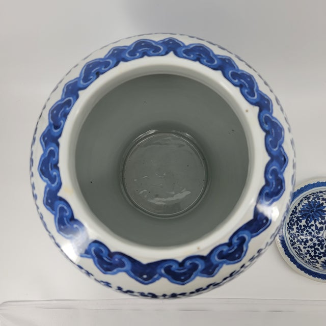 Vintage Large Hand-Painted Chinoiserie Blue & White Lotus Temple Porcelain Jar With Lid For Sale - Image 4 of 18