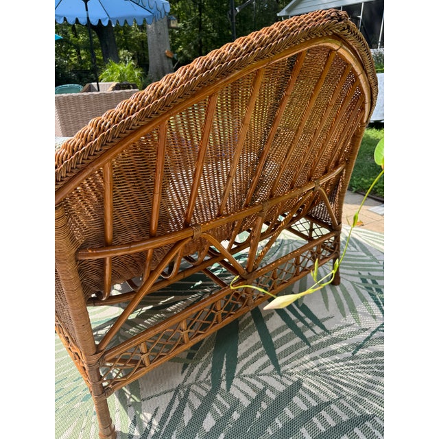 French Rare Vintage Professionally Restored Wicker Rattan Cathedral Back Settee W Ottoman Brand New Upholstered Cushion and Accent Pillow Designer Fabrics For Sale - Image 3 of 10
