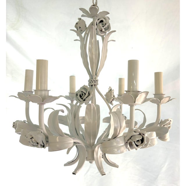 Vintage Tole 6-Light Chandelier With Rose Details For Sale - Image 18 of 18