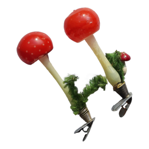 Christmas Ornament Red Glass Mushroom Clips Pair