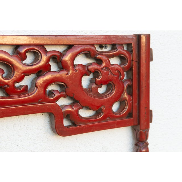 1970s Antique Red Laquered Dragon & Clouds Lintel Carving For Sale - Image 5 of 6