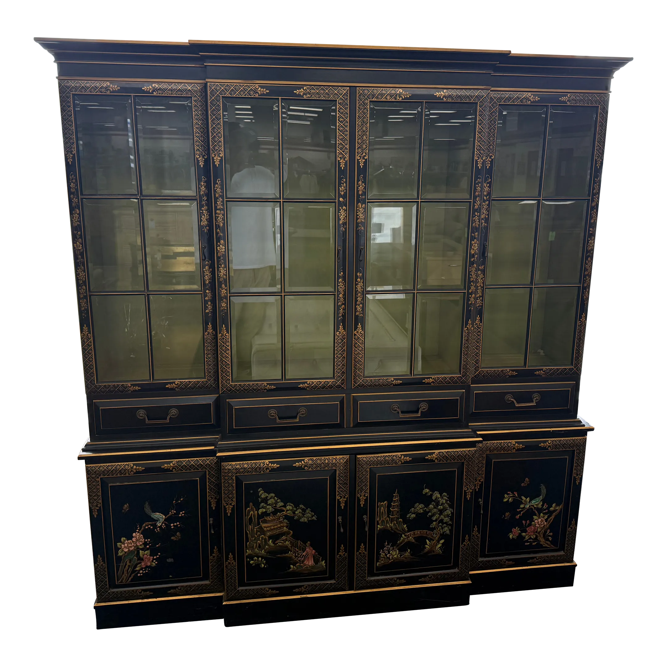 1980s Vintage Union National Chinoiserie China Cabinet, Breakfront