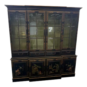 1980s Vintage Union National Chinoiserie China Cabinet, Breakfront or Bookcas