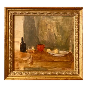Seymour Remenick Still Life Table Scape Oil Painting with Bottle and Fruit