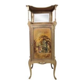 Antique Victorian Hand-Painted Music Cabinet With Brass Gallery and Mirror For Sale
