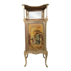 Antique Victorian Hand-Painted Music Cabinet With Brass Gallery and Mirror