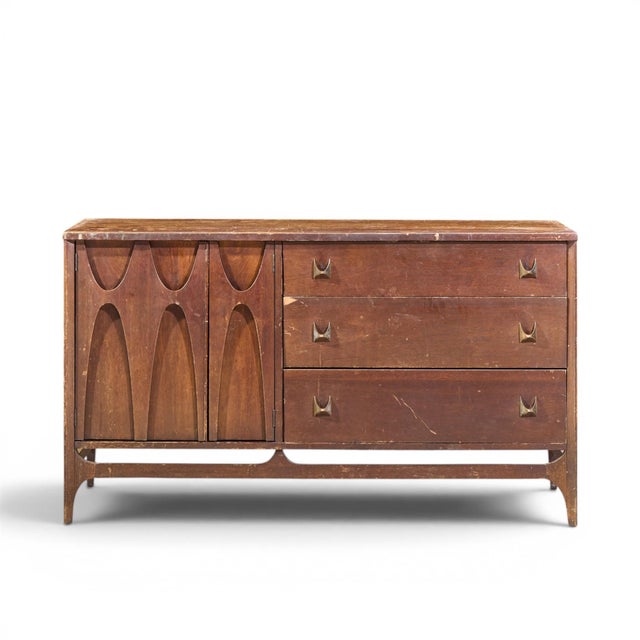 Mid-Century Modern Broyhill Brasilia Mid Century Walnut and Brass Offset Credenza and Hutch For Sale - Image 3 of 13