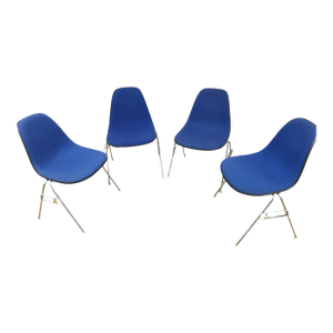 Mid Century Modern Eames for Herman Miller Molded Fiberglass Shell Chairs With Alexander Girard Blue Upholstery - Set of 4