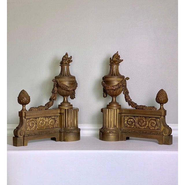 Pair of French Gilt Bronze Chenets, Patinated, Louis XVI Style, 19th Century For Sale - Image 9 of 16
