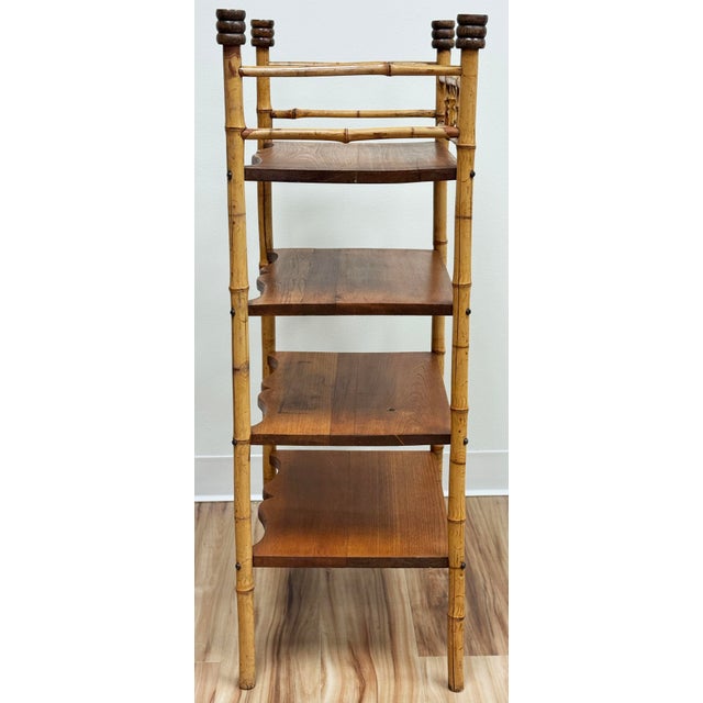 Mid 20th Century Vintage Scorched Bamboo Four Tier Bookshelf Etagere For Sale - Image 5 of 10