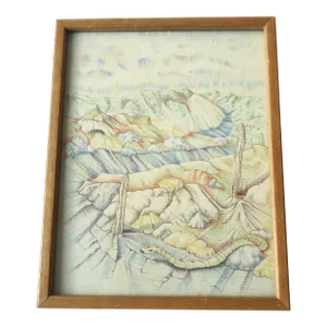 70s Fantasy Landscape W Snake by Donn Folkerts "Chimney Junction" Vintage Color Drawing