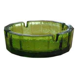 Mid Century Green Blenko Glass Round Pebbled Texture Ashtray Catchall For Sale