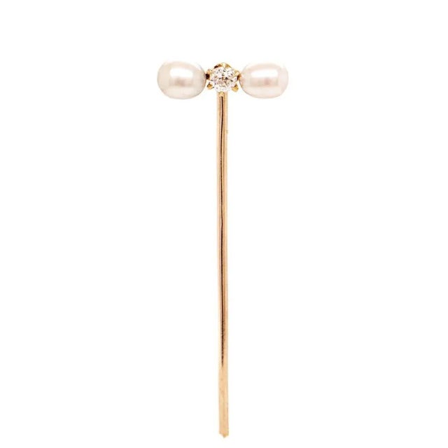 Metal Vintage Antique Edwardian Diamond, Pearl, and Gold Stickpin For Sale - Image 7 of 12