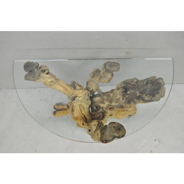 Mid 20th Century Vintage Mid Century Modern Natural Burl Driftwood Demilune Glass Console Table For Sale - Image 5 of 18