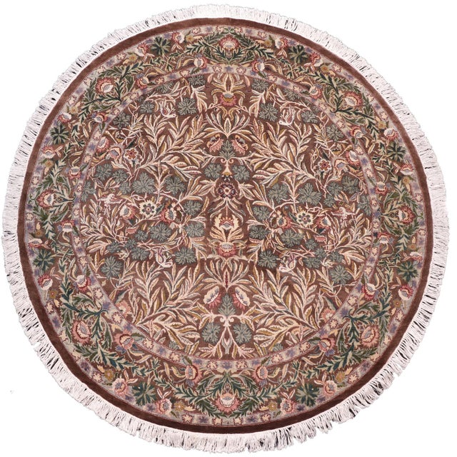 Boho Chic 1990's Floral Pak-Persian Brown/Beige Wool Round Rug - 6'2'' X 6'6'' For Sale - Image 9 of 9