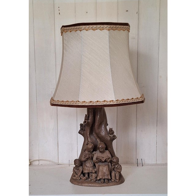 Vintage Figurative Table Lamp in Brown Ceramic with Original Fabric Shade, 1980s, in Very Good conditions. Designed 1980...