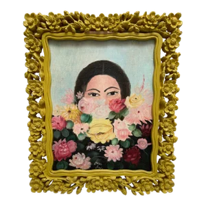 Vintage Original Painting of a Woman in a Flower Garden in a Groovy Frame
