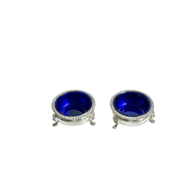 Art Deco Antique Silver Plate and Cobalt Glass Salt Cellars With Lion Paw Feet - a Pair For Sale - Image 3 of 11